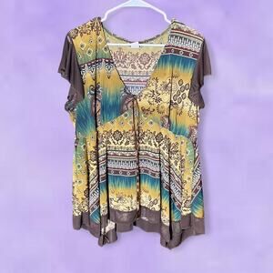 Y2k brown blue flowy top
